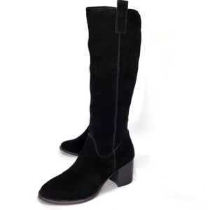 Aqua College Natalya Black Suede Waterproof Side-Zip Block Heel Knee-High Boots